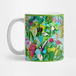 Trendy tropical floral leaves and fruits tropical pattern, botanical illustration, tropical plants, aqua blue floral illustration Mug